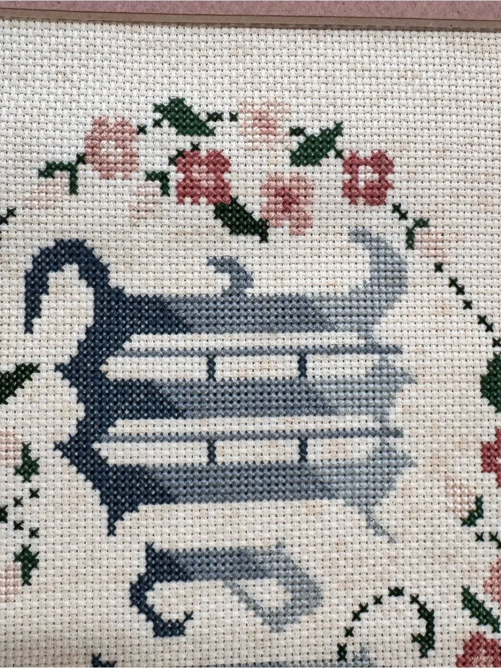 Vintage 1995 Welcome Cross Stitch Framed Floral Cottagecore Wall Art 18x12